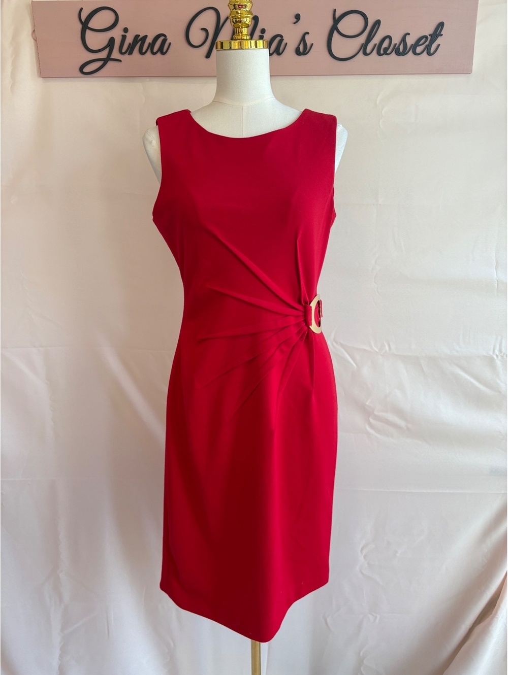 Calvin Klein Women's Red Sheath Dress with Gold Buckle Detail Size 8